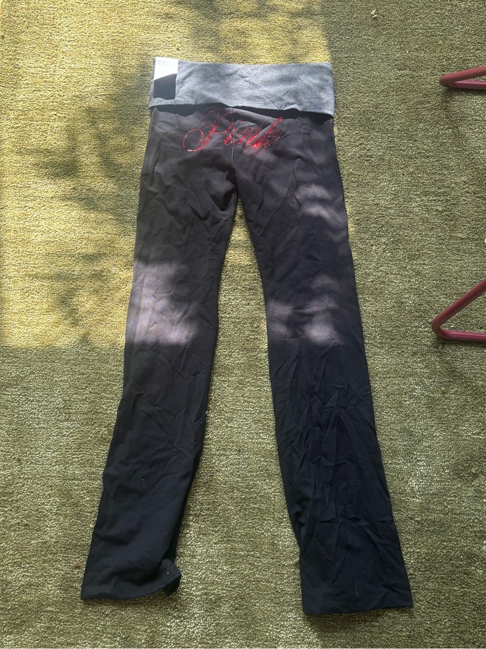 PINK Black Fold-Over Waist Flared Leggings with Red Script